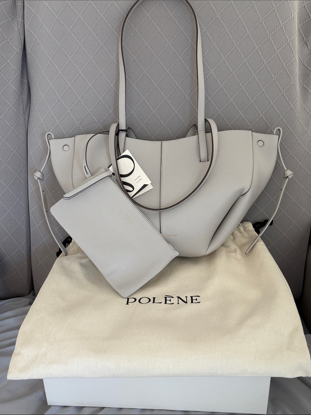 Polene Cyme Elegant Neutral Textured  Leather Tote Bag with box